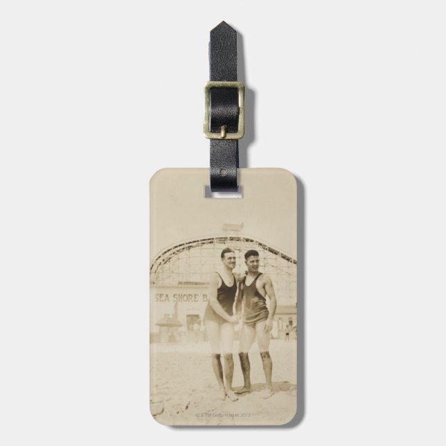 Men Standing on Beach Luggage Tag (Front Vertical)