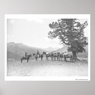 Men with packhorses looking over a hill poster