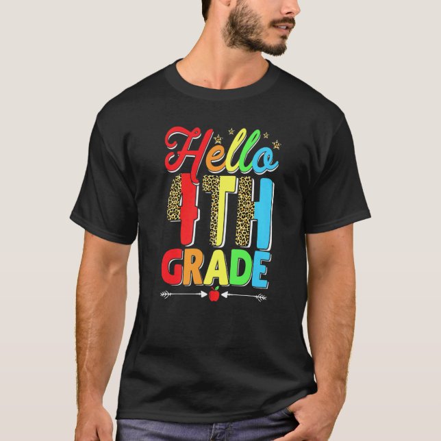 Men Women Kid Leopard Hello 4th Grade First Day Of T-Shirt (Front)