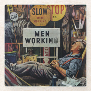 Men Working Glass Coaster