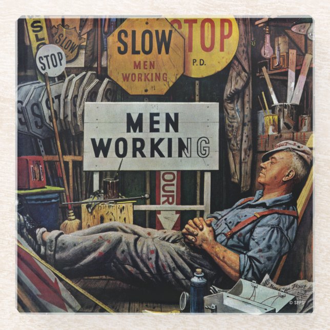 Men Working Glass Coaster (Front)