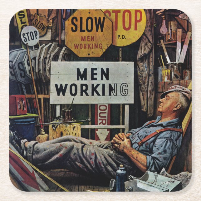 Men Working Square Paper Coaster (Front)