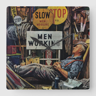 Men Working Square Wall Clock