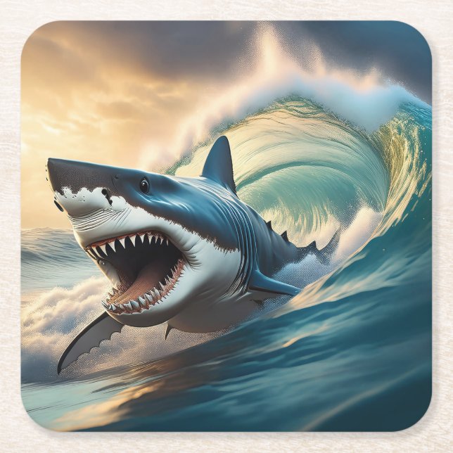 Menacing Shark Square Paper Coaster (Front)