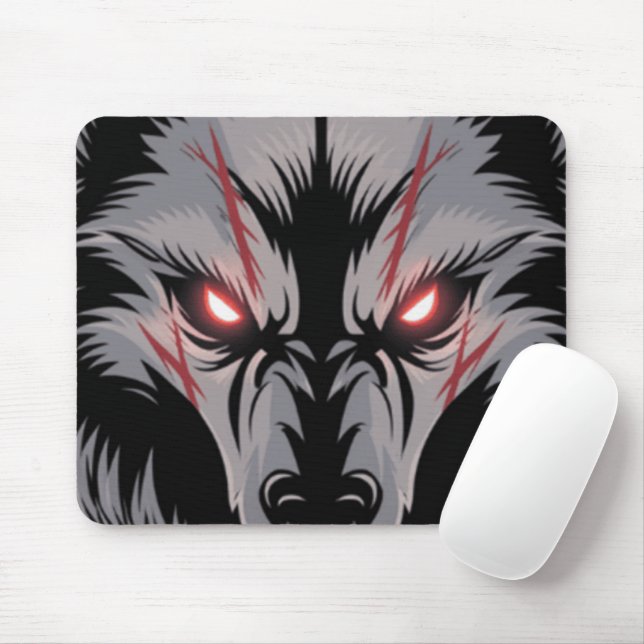 Menacing Wolf with Glowing Red Eyes Mouse Mat (With Mouse)