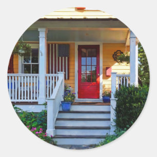 Mendham NJ - Porch With Wooden American Flag Classic Round Sticker