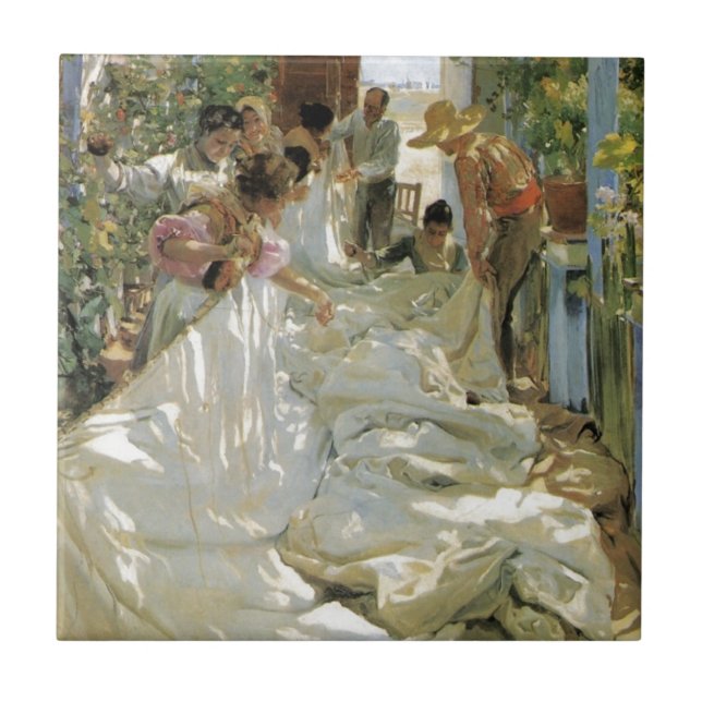 Mending the Sail -  Joaquín Sorolla y Bastida Tile (Front)