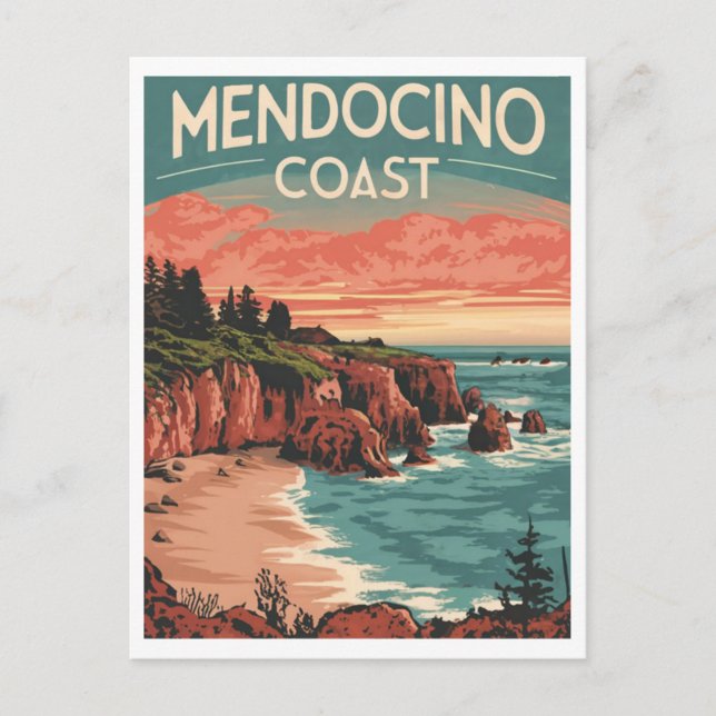 Mendocino Coast, California Retro Watercolor Postcard (Front)