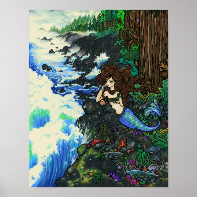 "Mendocino Mermaid" Fairy Fantasy Coast Ocean Art Poster (Front)