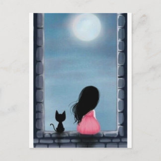 Menina e gato na janela - girl and cat on the wind postcard
