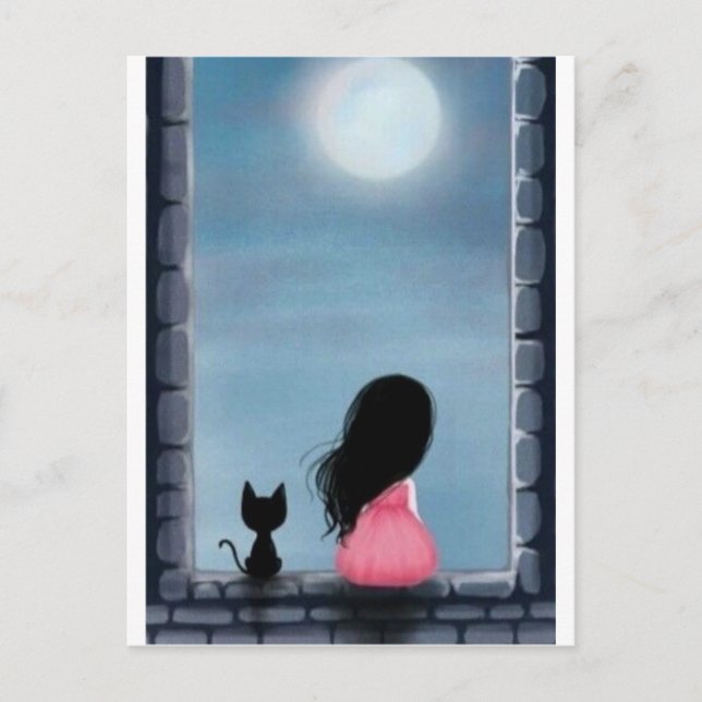 Menina e gato na janela - girl and cat on the wind postcard (Front)