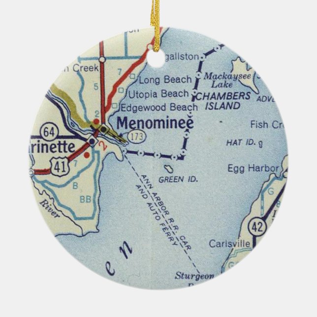 Menominee MI Map Ceramic Tree Decoration (Back)