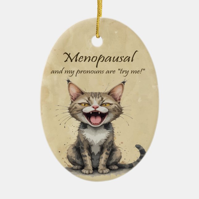 Menopause Humour Stressed Angry Cat Ceramic Tree Decoration (Front)