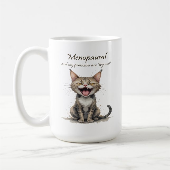 Menopause Humour Stressed Angry Cat Coffee Mug (Left)
