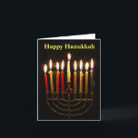 Menorah and Candles Hanukkah Folded Card<br><div class="desc">It's time to light the menorah for Hanukkah! Candles aglow on the 8th night of Hanukkah,  as pictured in a celebration at home. Traditional folded note,  blank inside for your message. The message on the front cover is also customisable so you can personalise as you wish.</div>