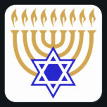 Menorah and the Star of David Square Sticker<br><div class="desc">Gold menorah with blue Star of David at centre bottom</div>