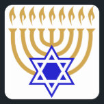 Menorah and the Star of David Square Sticker<br><div class="desc">Gold menorah with blue Star of David at centre bottom</div>