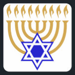 Menorah and the Star of David Square Sticker<br><div class="desc">Gold menorah with blue Star of David at centre bottom</div>
