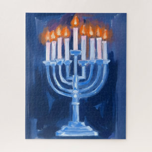 Menorah Blue Hanukkah Painting Holiday Jigsaw Puzzle
