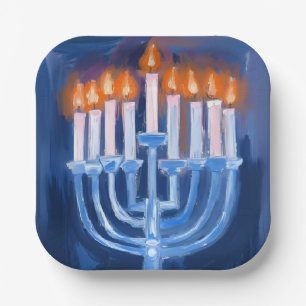 Menorah Blue Hanukkah Watercolor Holiday Paper Plate