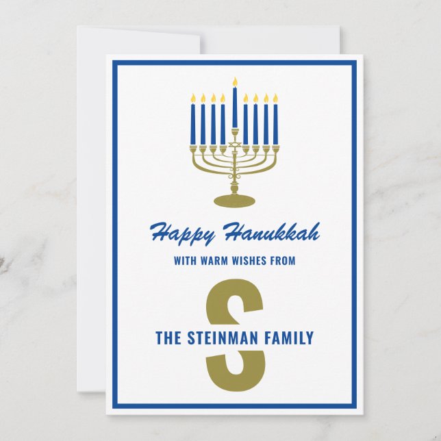 Menorah Candle Happy Hanukkah Monogram Family Name Holiday Card (Front)