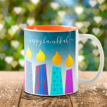 Menorah Candles Happy Hanukkah Script on Turquoise Two-Tone Coffee Mug<br><div class="desc">“Happy Hanukkah.” Here’s an easy way to get in the holiday mood each morning. Add extra sparkle to your day whenever you relax with your favourite beverage in this colourful, custom Hanukkah coffee mug. A playful, artsy illustration of blue menorah candles with colourful faux foil patterns and modern typography overlay...</div>
