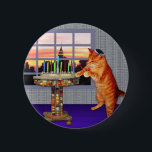 Menorah Cat 6 Cm Round Badge<br><div class="desc">So the cat is a redhead he’s an Ashkenazi!  And it's sundown so he's put on his kippah,  he's lighting the candles and saying the prayers,  and remembering that A Great Miracle Happened There.</div>