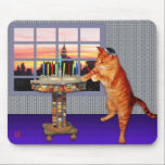 Menorah Cat Mouse Mat<br><div class="desc">So the cat is a redhead he’s an Ashkenazi!  And it's sundown so he's put on his kippah,  he's lighting the candles and saying the prayers,  and remembering that A Great Miracle Happened There.</div>