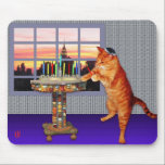 Menorah Cat Mouse Mat<br><div class="desc">So the cat is a redhead he’s an Ashkenazi! And it's sundown so he's put on his kippah, he's lighting the candles and saying the prayers, and remembering that A Great Miracle Happened There.</div>