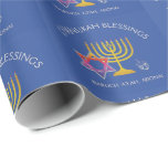 Menorah Dreidel | BARUCH ATAH ADONAI | Hanukkah Wrapping Paper<br><div class="desc">Stylish, elegant CHANUKAH BLESSINGS Wrapping Paper. Design shows a gold coloured MENORAH with multicolored STAR OF DAVID and silver grey DREIDEL. At the top there is curved text which says CHANUKAH BLESSINGS and underneath the text reads BARUCH ATAH, ADONAI (Blessed are You, O God) . The background colour is israeli...</div>