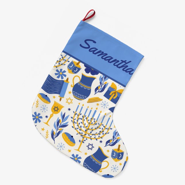 Menorah & Dreidel Blue Hanukkah Stocking (Front (Hanging))