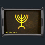 Menorah Flame Serving Tray<br><div class="desc">A brown and gold digital rendering of the Jewish seven-branched menorah (Hebrew: מְנוֹרָה‎). Customise by adding your own text. The seven-branched menorah, used in the portable sanctuary set up by Moses in the wilderness and later in the Temple in Jerusalem, has been a symbol of Judaism since ancient times and...</div>