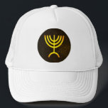 Menorah Flame Trucker Hat<br><div class="desc">A digital rendering of the Jewish seven-branched menorah (Hebrew: מְנוֹרָה‎). The seven-branched menorah, used in the portable sanctuary set up by Moses in the wilderness and later in the Temple in Jerusalem, has been a symbol of Judaism since ancient times and is the emblem on the coat of arms of...</div>