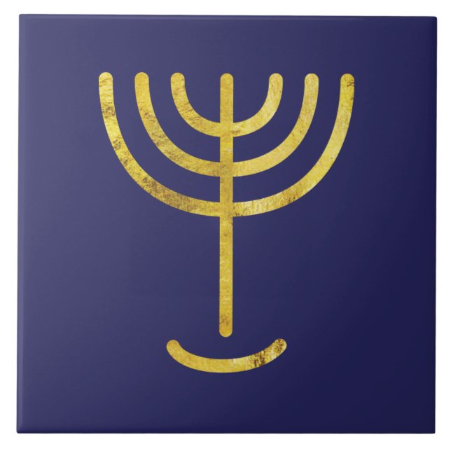 Menorah Gold-Look on Navy Tile (Front)