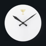 Menorah Gold Round Clock<br><div class="desc">Menorah gold-look. Personalise by adding your own name. To make this your own design 'Click to Customise Further" … or 'Transfer this design' to print the same design onto a different product. Where does the Menorah come from? It comes from the Bible, in the book of Exodus, chapter 25 verse...</div>