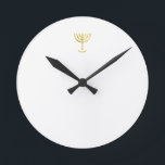 Menorah Gold Round Clock<br><div class="desc">Menorah gold-look. Personalise by adding your own name. To make this your own design 'Click to Customise Further" … or 'Transfer this design' to print the same design onto a different product. Where does the Menorah come from? It comes from the Bible, in the book of Exodus, chapter 25 verse...</div>