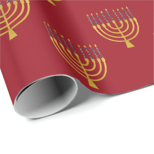 Menorah Hanukkah Blue Candles Drawing Holiday Red Wrapping Paper
