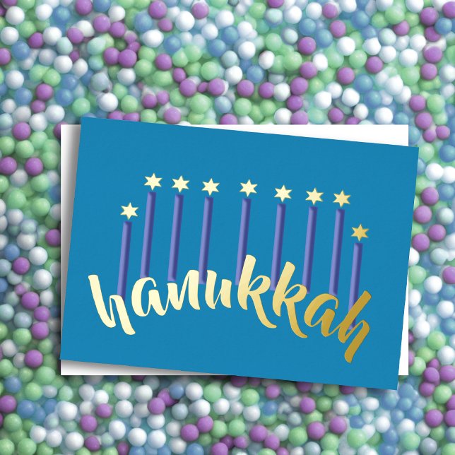 Menorah Hanukkah Candles Star of David Blue Foil Holiday Card (Creator Uploaded)