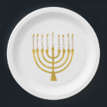 Menorah Hanukkah Celestial Candles Drawing Wedding Paper Plate<br><div class="desc">Faux gold foil menorah candles for your Hanukkah celebration. Whimsical menorah illustration with white stars covered celestial candles on a faux gold menorah candle stand. Menorah elegant starry wedding Hanukkah illustrated design gifts and paper products.</div>