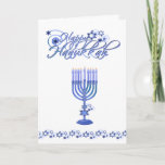 Menorah Hanukkah Greeting Card<br><div class="desc">Elegant Hanukkah greeting card, with lovely graphics of a blue menorah, in the middle of the card, and fancy graphic text reading Happy Hanukkah, at the top. A blue garland of blue stars runs across the bottom. Inside greeting in blue script text is customisable to read anything you want. Lovely...</div>