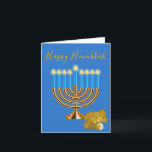 Menorah Hanukkah Holiday Card<br><div class="desc">Elegant Hanukkah greeting card done in blue,  with graphics of a lit up gold Menorah with blue candles and a pile of gelt coins. Personalise the greeting inside to read what you want.</div>
