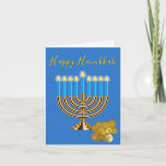 Menorah Hanukkah Holiday Card<br><div class="desc">Elegant Hanukkah greeting card done in blue,  with graphics of a lit up gold Menorah with blue candles and a pile of gelt coins. Personalise the greeting inside to read what you want.</div>