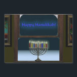 Menorah In The Window<br><div class="desc">A depiction of a traditional Chanukkah menorah in a window.  The menorah is reflected in the window,  there's frost on the glass,  and snow outside.</div>