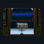 Menorah In The Window Magnet<br><div class="desc">A depiction of a traditional Chanukkah menorah in a window.  The menorah is reflected in the window,  there's frost on the glass,  and snow outside.</div>