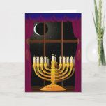 Menorah In Window Holiday Card<br><div class="desc">Menorah reflected in window,  with waning moon in night sky,  and Hanukkah blessing inside</div>