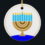 Menorah - Minimalist Modern Ceramic Tree Decoration<br><div class="desc">Ornament: modern menorah with blue candles for your Hanukkah bush.

Happy Hanukkah in both Hebrew and English on the front.</div>