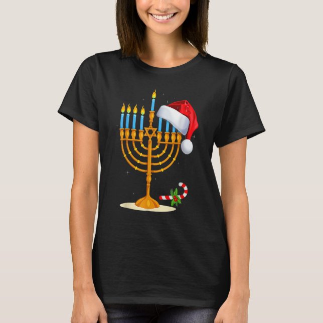 Menorah Santa Hat Chanukah Hanukkah Jewish Christm T-Shirt (Front)