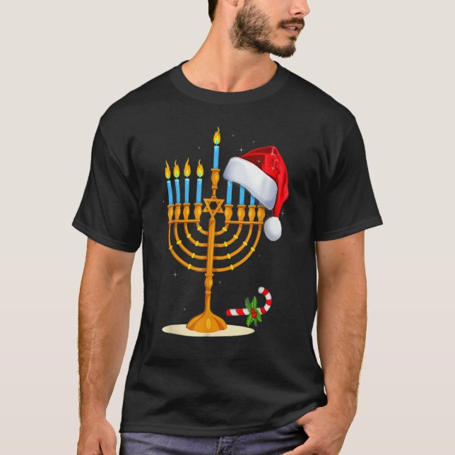 Menorah Santa Hat Chanukah Hanukkah Jewish Christm T-Shirt (Front)