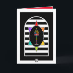Menorah Shalom Greeting Card<br><div class="desc">This rainbow-hued menorah within an equally-colourful Star of David upon an arched,  black-and-white striped field is both eye-catching and classy.  Interior card says Shalom in English and Hebrew and is bordered and coordinated for your writing pleasure.  Enjoy!  ~ karyn</div>