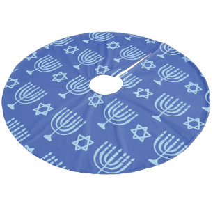 Menorah & Star of David Dark Blue Hanukkah  Fleece Tree Skirt